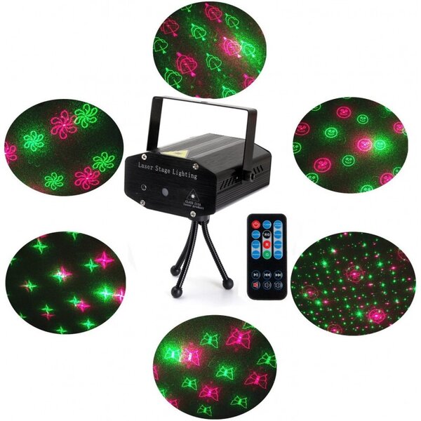 Proiector laser 6 figurine, proiectie rosu si verde, telecomanda, senzor sunet