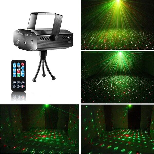 Proiector laser 6 figurine, proiectie rosu si verde, telecomanda, senzor sunet