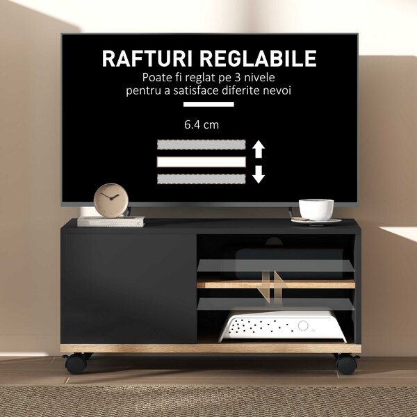 HOMCOM Dulap TV 42" Max cu 2 Rafturi deschise si Usa, Dulap TV Jos din PAL cu Roti, 80x45x39.5 cm, Alb | Aosom Romania