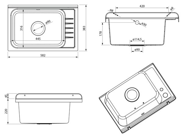 Aqualine Aqualine, Chiuvetă pentru corp 58x38 cm, plastic, alb, PI5838