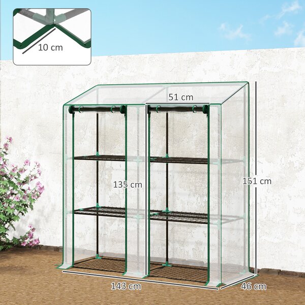 Outsunny Seră de Grădină cu Copertină din PE, Seră cu Acoperiș Înclinat, 2 Uși Rulante și 6 Rafturi, 143x46x151cm, Verde | Aosom Romania
