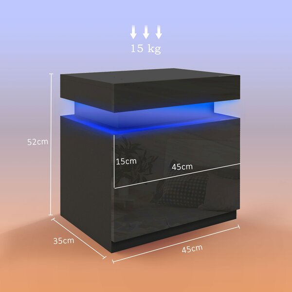 HOMCOM Masă de noapte neagră cu lumină LED, Front lucios cu 2 sertare, pentru Sufragerie, Dormitor | Aosom Romania