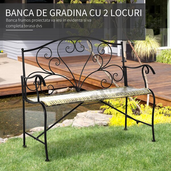 Banca Metal Gradina Outsunny,banca gradina din Fier Stil Vintage 2 Locuri Negru | Aosom Romania