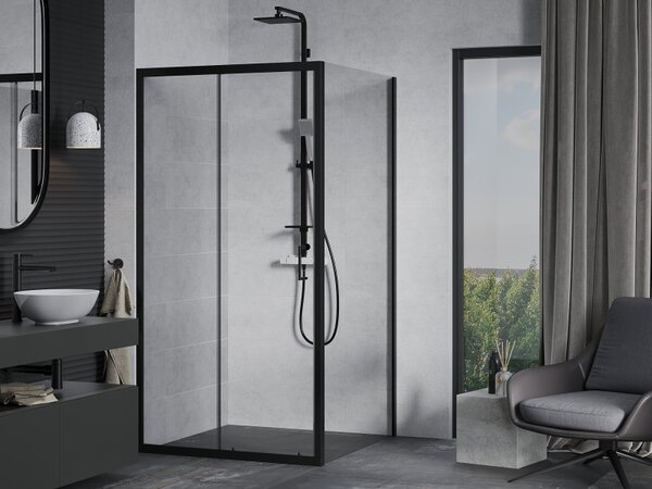 Mexen Apia, cabină de duș cu ușă glisantă 100 (uşă) x 100 (perete) cm, sticlă transparentă 6 mm, profil negru, 840-100-100-70-00