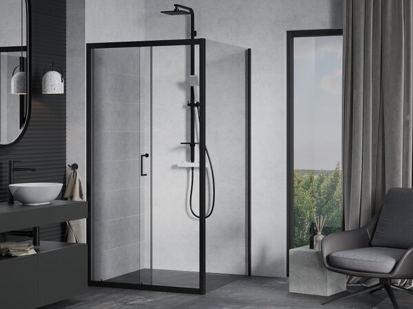 Mexen Apia, cabină de duș cu ușă glisantă 100 (uşă) x 100 (perete) cm, sticlă transparentă 6 mm, profil negru, 840-100-100-70-00