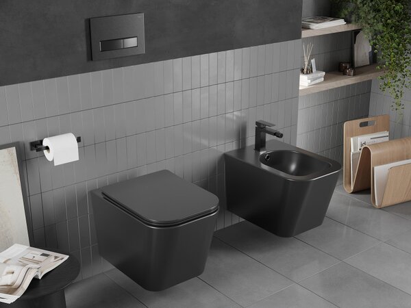 WC suspendat Mexen Teo fără margine cu scaun de toaletă Slim duroplast, negru mat - 30850685