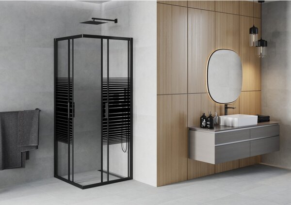 Mexen Rio, duș pătrat cu ușă glisantă 70 (uşă) x 70 (uşă) x 190 cm, sticlă transparentă de 6 mm cu benzi, profil negru, 860-070-070-70-20
