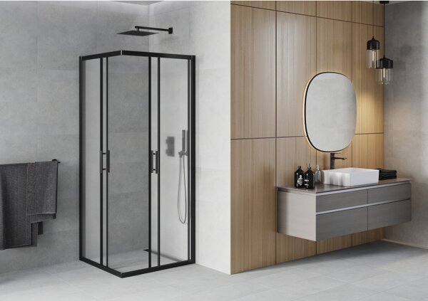 Mexen Rio, cabină de duș pătrată cu uşă glisantă 80 (uşă) x 80 (uşă) x 190 cm, sticlă mată 6 mm, profil negru, 860-080-080-70-30