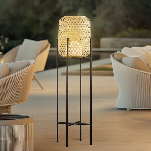 Lucande Lampadar LED reîncărcabil Adebi, negru, bambus, Ø32.5cm, reglabil, Lemn, Bamboo, Casă de țară / Rustic