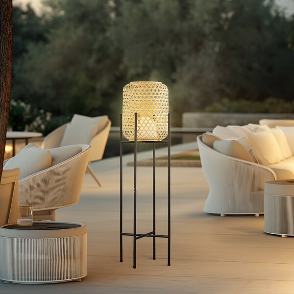 Lucande Lampadar LED reîncărcabil Adebi, negru, bambus, Ø32.5cm, reglabil, Lemn, Bamboo, Casă de țară / Rustic