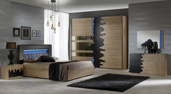 Dormitor Mozart, sonoma/negru, pat 160x200 cm, dulap cu 2 usi culisante, comoda, 2 noptiere