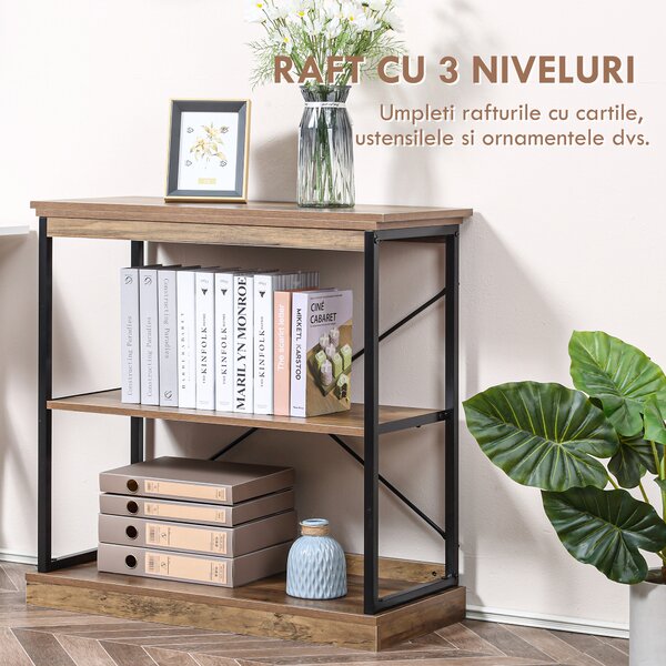 HOMCOM Raft Bibliotecă Stil Industrial, Panouri MDF și Cadru Metalic, 80x36x81.3cm, Maro | Aosom Romania
