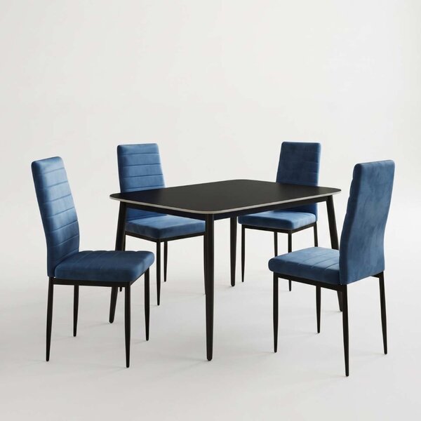 Set Masă Atlas Marble Neagră 4 Scaune Oscar Bleu, Blat din Piatră Sinterizată, 120 × 77,5 × 72 cm