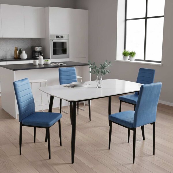 Set Masă Atlas Marble Albă 4 Scaune Oscar Bleu, Blat din Piatră Sinterizată, 120 × 77,5 × 72 cm