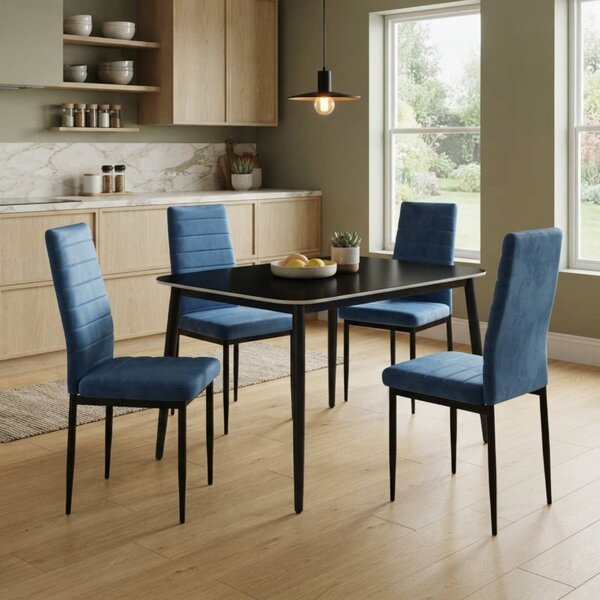 Set Masă Atlas Marble Neagră 4 Scaune Oscar Bleu, Blat din Piatră Sinterizată, 120 × 77,5 × 72 cm