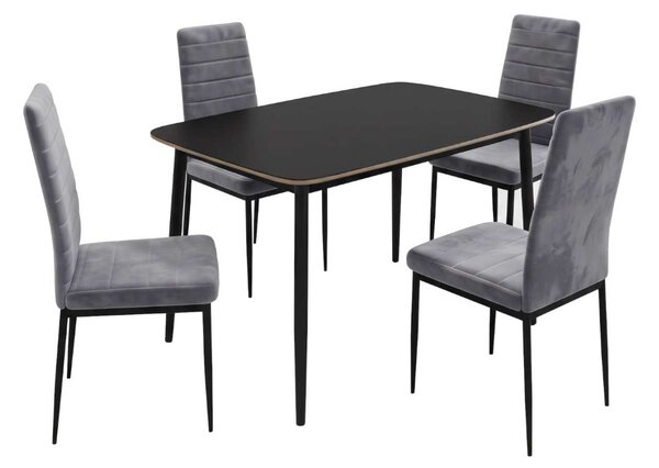 Set Masă Atlas Marble Neagră 4 Scaune Oscar Gri, Blat din Piatră Sinterizată, 120 × 77,5 × 72 cm