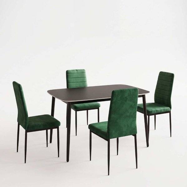 Set Masă Atlas Marble Neagră 4 Scaune Oscar Verde, Blat din Piatră Sinterizată, 120 × 77,5 × 72 cm