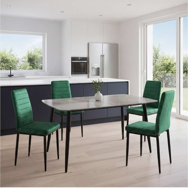 Set Masă Atlas Marble Gri 4 Scaune Oscar Verde, Blat din Piatră Sinterizată, 120 × 77,5 × 72 cm