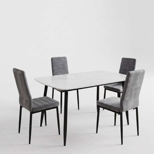 Set Masă Atlas Marble Albă 4 Scaune Oscar Gri, Blat din Piatră Sinterizată, 120 × 77,5 × 72 cm