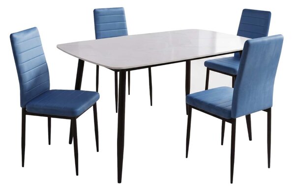 Set Masă Atlas Marble Albă 4 Scaune Oscar Bleu, Blat din Piatră Sinterizată, 120 × 77,5 × 72 cm