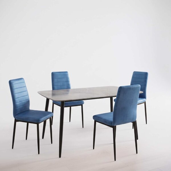 Set Masă Atlas Marble Gri 4 Scaune Oscar Bleu, Blat din Piatră Sinterizată, 120 × 77,5 × 72 cm