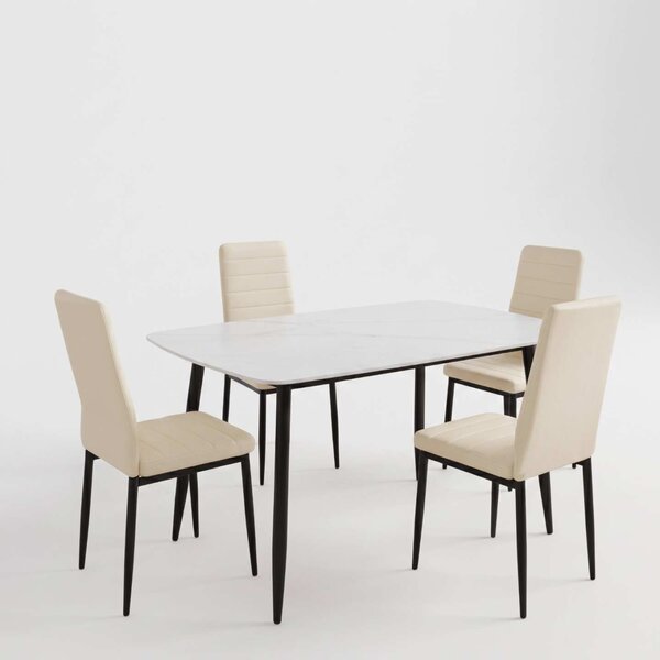 Set Masă Atlas Marble Albă 4 Scaune Oscar Crem, Blat din Piatră Sinterizată, 120 × 77,5 × 72 cm