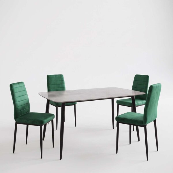 Set Masă Atlas Marble Gri 4 Scaune Oscar Verde, Blat din Piatră Sinterizată, 120 × 77,5 × 72 cm