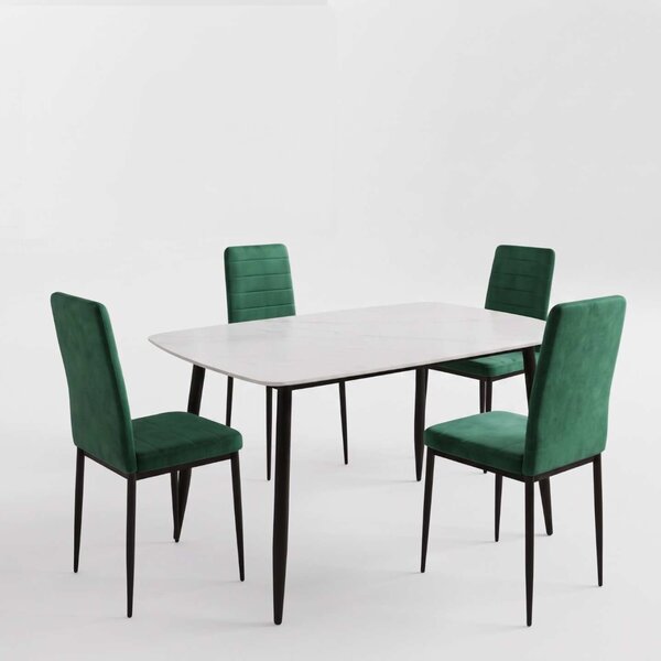 Set Masă Atlas Marble Albă 4 Scaune Oscar Verde, Blat din Piatră Sinterizată, 120 × 77,5 × 72 cm