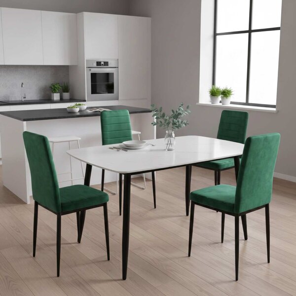Set Masă Atlas Marble Albă 4 Scaune Oscar Verde, Blat din Piatră Sinterizată, 120 × 77,5 × 72 cm