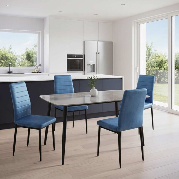 Set Masă Atlas Marble Gri 4 Scaune Oscar Bleu, Blat din Piatră Sinterizată, 120 × 77,5 × 72 cm