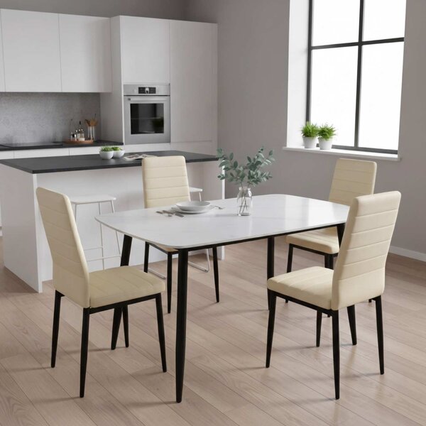 Set Masă Atlas Marble Albă 4 Scaune Oscar Crem, Blat din Piatră Sinterizată, 120 × 77,5 × 72 cm