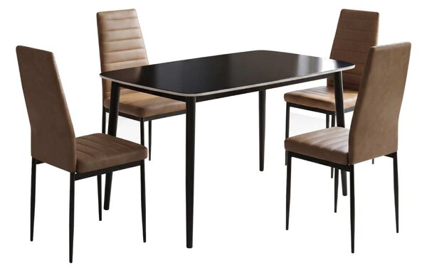 Set Masă Atlas Marble Neagră 4 Scaune Oscar Piele Sintetică Maro Deschis, Blat din Piatră Sinterizată, 120 × 77,5 × 72 cm