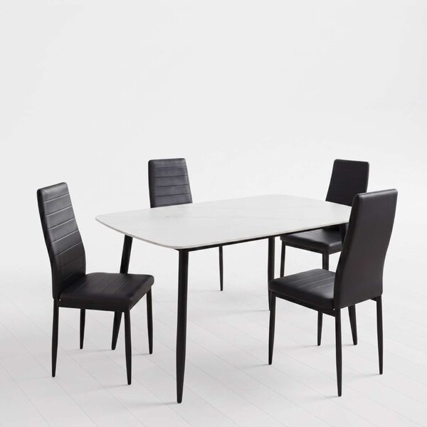 Set Masă Atlas Marble Albă 4 Scaune Oscar Piele Sintetică Negre, Blat din Piatră Sinterizată, 120 × 77,5 × 72 cm