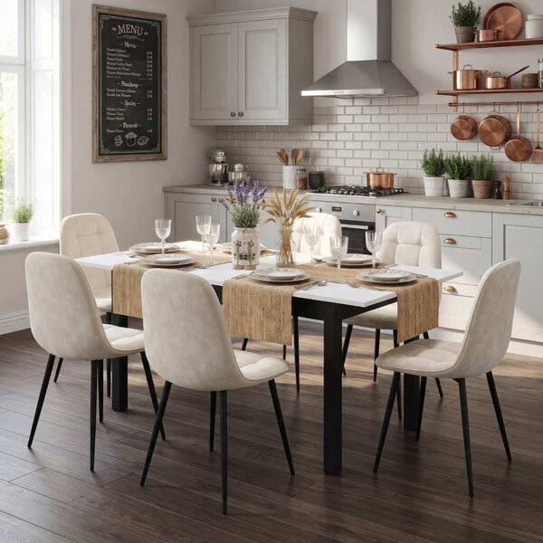 Set Masă Extensibilă Mara Albă 130–170 × 75 cm cu 6 Scaune Gya Crem, Tapițate, Picioare Metalice Negre