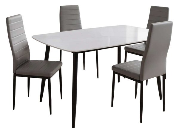 Set Masă Atlas Marble Albă 4 Scaune Oscar Piele Sintetică Gri, Blat din Piatră Sinterizată, 120 × 77,5 × 72 cm