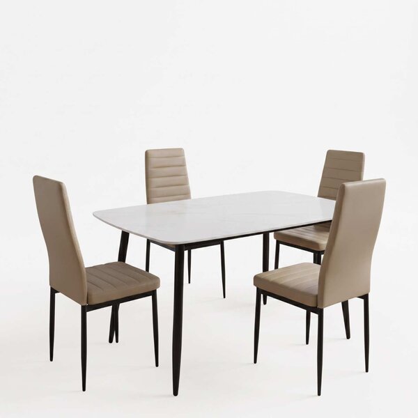 Set Masă Atlas Marble Albă 4 Scaune Oscar Piele Sintetică Maro Deschis, Blat din Piatră Sinterizată, 120 × 77,5 × 72 cm