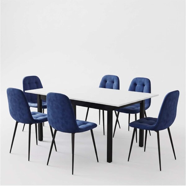 Set Masă Extensibilă Mara Albă 130–170 × 75 cm cu 6 Scaune Gya Albastre, Tapițate, Picioare Metalice Negre