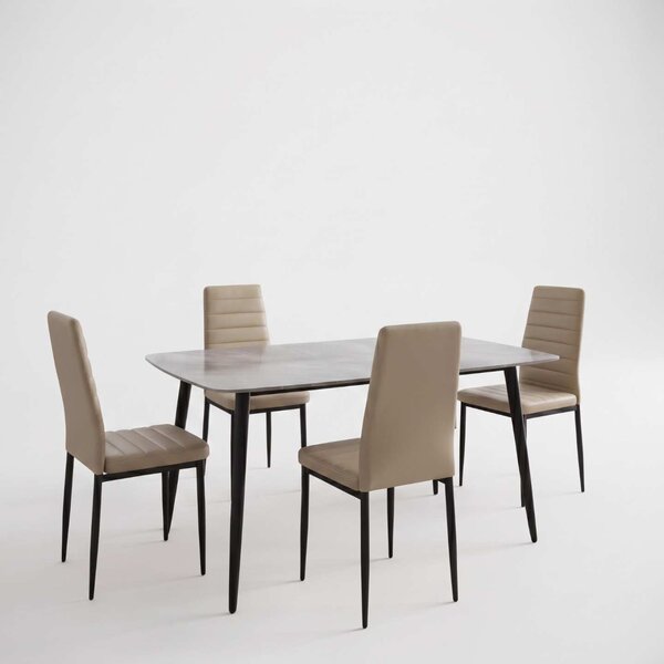 Set Masă Atlas Marble Gri 4 Scaune Oscar Piele Sintetică Maro Deschis, Blat din Piatră Sinterizată, 120 × 77,5 × 72 cm