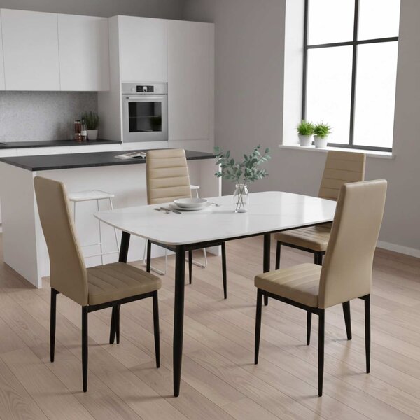 Set Masă Atlas Marble Albă 4 Scaune Oscar Piele Sintetică Maro Deschis, Blat din Piatră Sinterizată, 120 × 77,5 × 72 cm