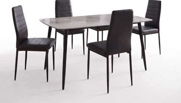 Set Masă Atlas Marble Gri 4 Scaune Oscar Piele Sintetică Negre, Blat din Piatră Sinterizată, 120 × 77,5 × 72 cm