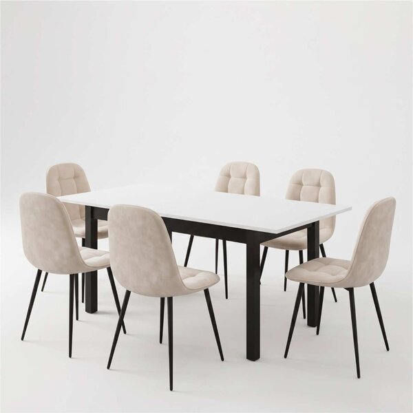 Set Masă Extensibilă Mara Albă 130–170 × 75 cm cu 6 Scaune Gya Crem, Tapițate, Picioare Metalice Negre