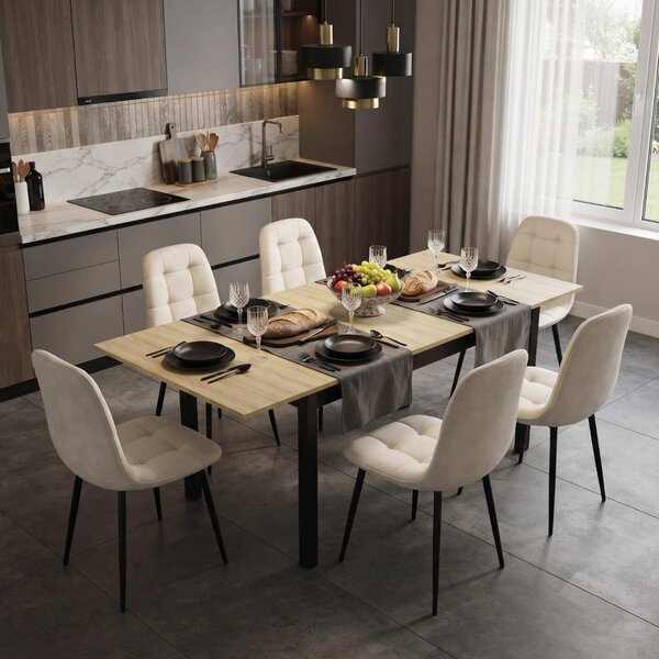 Set Masă Extensibilă Mara Stejar 130–170 × 75 cm cu 6 Scaune Gya Crem, Tapițate, Picioare Metalice Negre