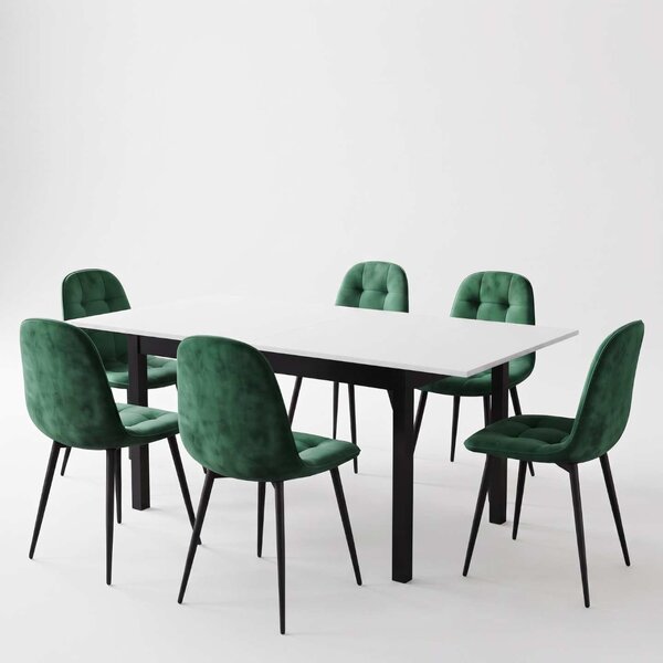 Set Masă Extensibilă Mara Albă 130–170 × 75 cm cu 6 Scaune Gya Verde, Tapițate, Picioare Metalice Negre