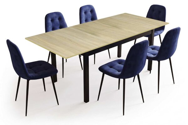 Set Masă Extensibilă Mara Stejar 130–170 × 75 cm cu 6 Scaune Gya Albastre, Tapițate, Picioare Metalice Negre