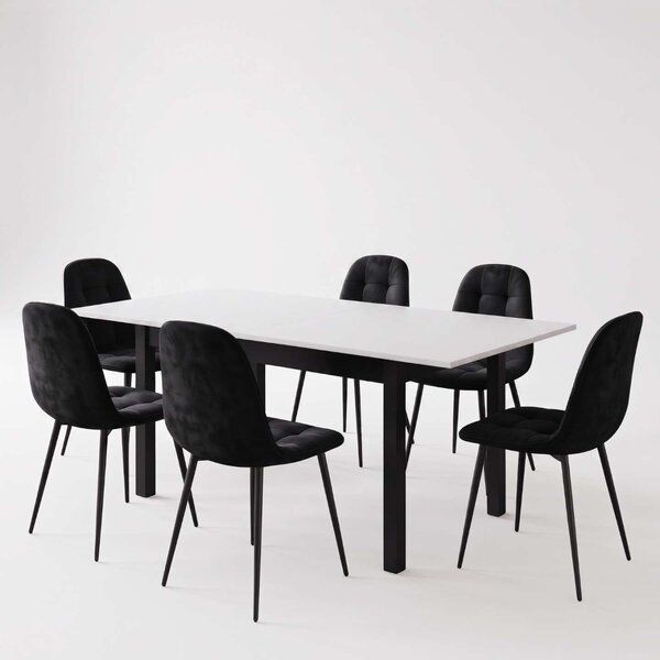 Set Masă Extensibilă Mara Albă 130–170 × 75 cm cu 6 Scaune Gya Negre, Tapițate, Picioare Metalice Negre