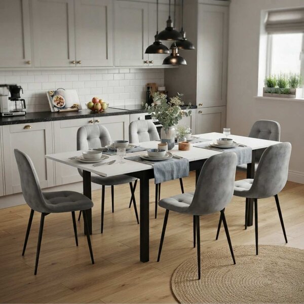 Set Masă Extensibilă Mara Albă 130–170 × 75 cm cu 6 Scaune Gya Gri, Tapițate, Picioare Metalice Negre
