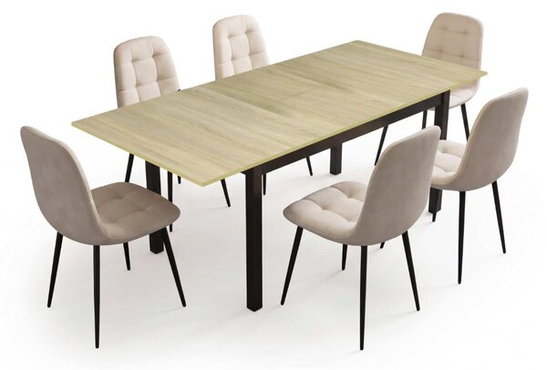 Set Masă Extensibilă Mara Stejar 130–170 × 75 cm cu 6 Scaune Gya Crem, Tapițate, Picioare Metalice Negre