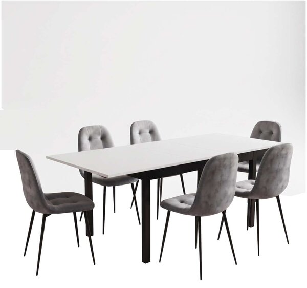 Set Masă Extensibilă Mara Albă 130–170 × 75 cm cu 6 Scaune Gya Gri, Tapițate, Picioare Metalice Negre