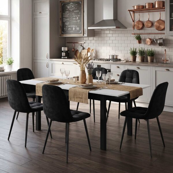 Set Masă Extensibilă Mara Albă 130–170 × 75 cm cu 6 Scaune Gya Negre, Tapițate, Picioare Metalice Negre
