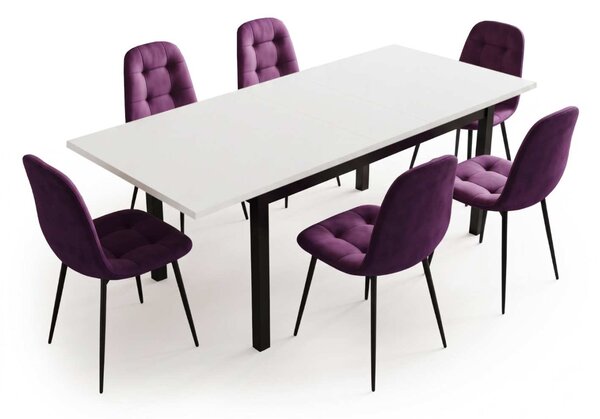 Set Masă Extensibilă Mara Albă 130–170 × 75 cm cu 6 Scaune Gya Mov, Tapițate, Picioare Metalice Negre